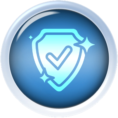 A blue circular icon with a glowing shield and check mark in the center, accented by two sparkling star shapes, symbolizing security and protection.