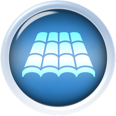 A blue circular icon with a white outline featuring a stylized image of a tiled roof in the center, depicted with three rows of curved tiles.