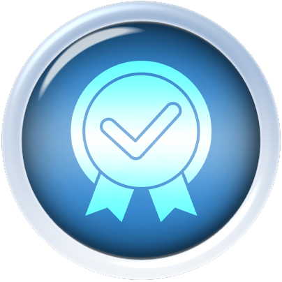 A blue circular button with a light blue checkmark inside a ribbon or badge, symbolizing approval, certification, or quality assurance.