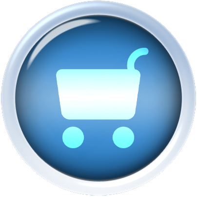 A glossy blue circular button featuring a light blue shopping cart icon with two wheels and a curved handle in the center.