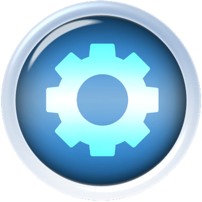 A blue circular button with a glowing light blue gear icon in the center, symbolizing settings or configuration options.