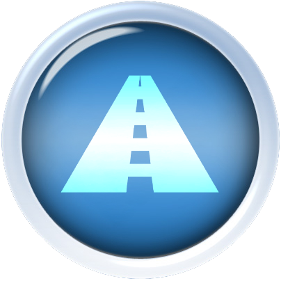 A blue circular button with a white border featuring a stylized icon of a straight road with dashed lines in the center, symbolizing travel or navigation.