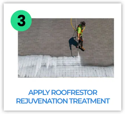 A worker wearing safety gear applies a white treatment to a shingle roof using a spray hose. The image is labeled with a green circle showing the number 3 and the text "Apply Roofrestor Rejuvenation Treatment.